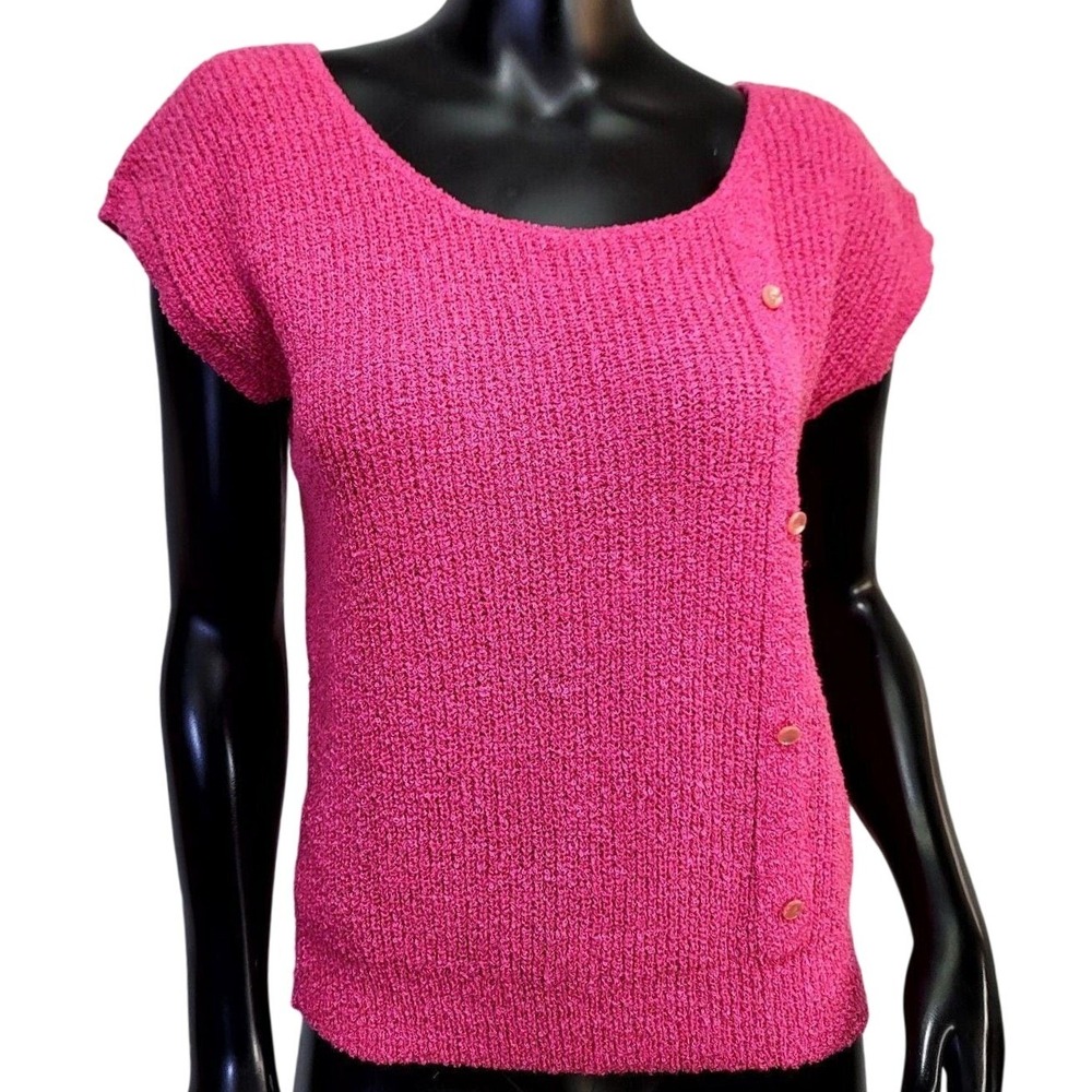 Excitation Vintage Hot Pink Textured‎ Knit Short Sleeve Scoop Neck Button Top S
